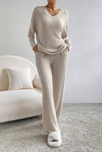 Load image into Gallery viewer, Khaki Ribbed Knit V Neck Slouchy Two-piece Outfit

