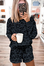 Load image into Gallery viewer, NOVA- Gray Printed Leopard Long Sleeve Satin Tie Shorts Two Piece Set
