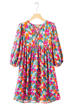 Load image into Gallery viewer, Sky Blue Floral Print Tie Split Neck Bubble Sleeve Babydoll Dress
