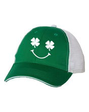 Load image into Gallery viewer, OCEAN AND 7TH- Smiley Shamrock Embroidered Trucker Hat.
