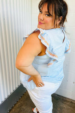 Load image into Gallery viewer, Chambray Embroidered Flutter Sleeve Top
