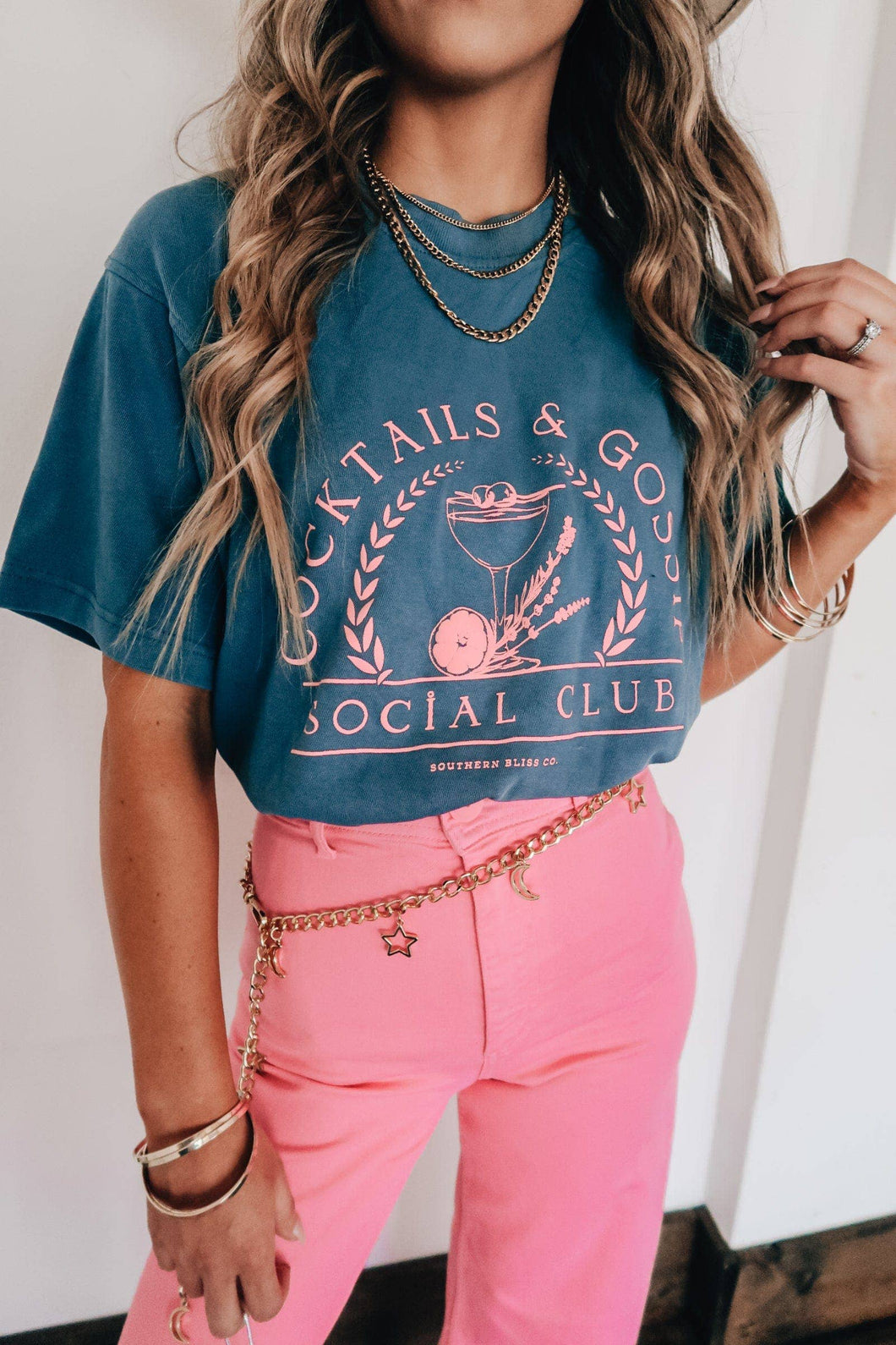 Cocktails & Gossip Navy Mock Neck Tee by Southern Bliss Co.
