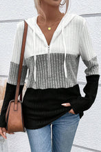 Load image into Gallery viewer, DEAR LOVE- Black Color Block Ribbed Half Zip Drawstring Hooded Top
