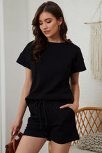 Load image into Gallery viewer, Black 2pcs Solid Textured Drawstring Shorts Set

