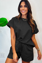 Load image into Gallery viewer, Black 2pcs Solid Textured Drawstring Shorts Set
