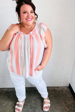 Load image into Gallery viewer, Coral &amp; Light Blue Stripe Waffle Tie Neck Top
