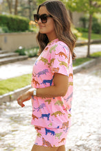 Load image into Gallery viewer, Pink Flower Print Short Sleeve High Waist Two Piece Shorts Set
