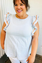 Load image into Gallery viewer, Chambray Embroidered Flutter Sleeve Top
