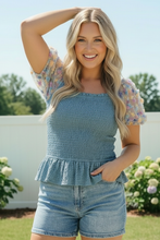 Load image into Gallery viewer, Smocked Peplum Top with Floral Puff Sleeves

