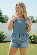 Load image into Gallery viewer, Smocked Peplum Top with Floral Puff Sleeves
