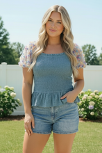 Load image into Gallery viewer, Smocked Peplum Top with Floral Puff Sleeves
