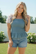 Load image into Gallery viewer, Smocked Peplum Top with Floral Puff Sleeves
