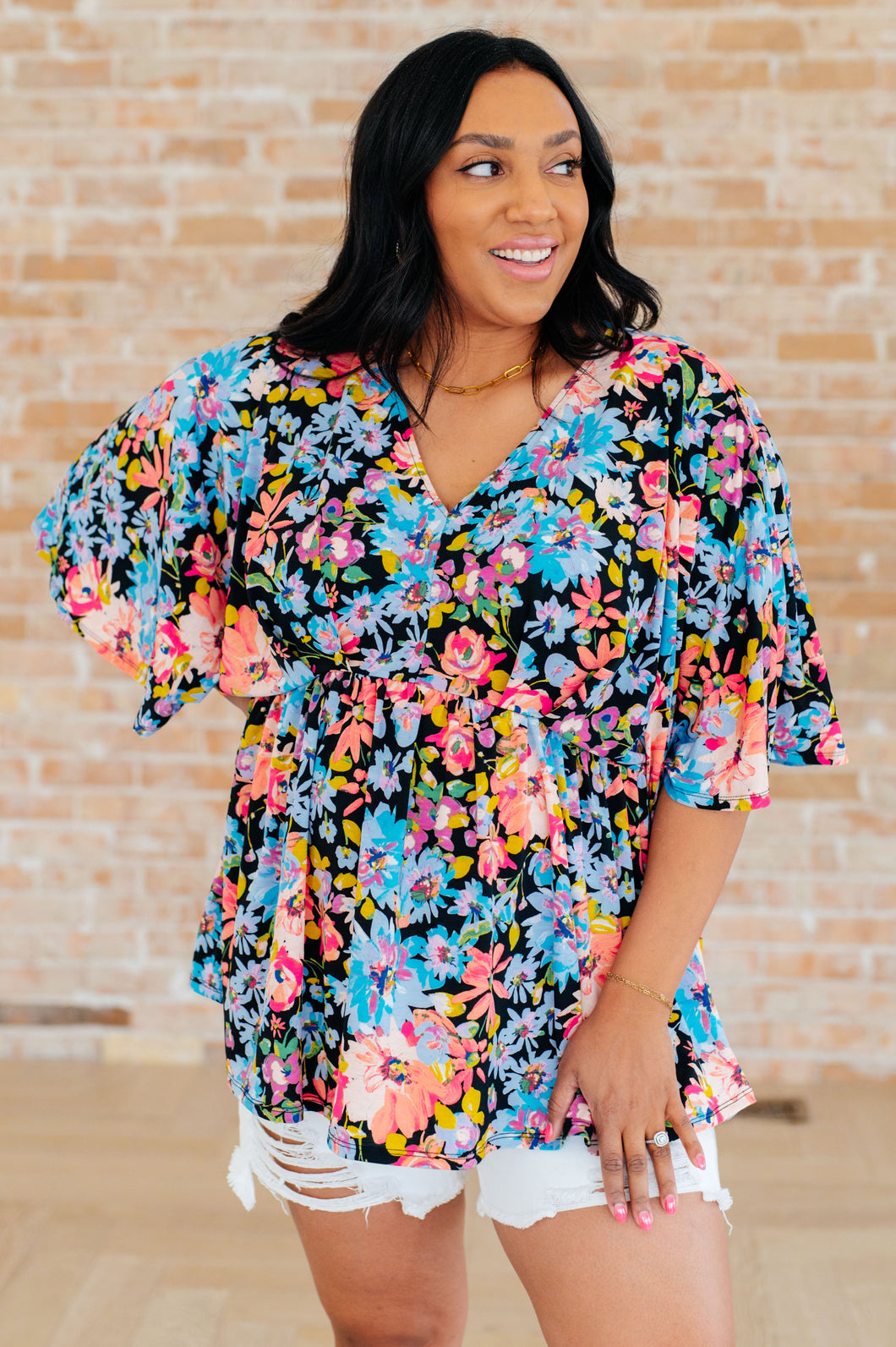 DEAR SCARLETT- Dreamer Peplum Top in Black Multi Floral