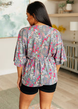 Load image into Gallery viewer, DEAR SCARLETT- Dreamer Peplum Top in Grey and Pink Floral
