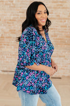 Load image into Gallery viewer, DEAR SCARLETT- Dreamer Peplum Top in Navy and Lavender Animal Print

