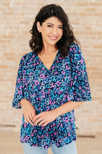 Load image into Gallery viewer, DEAR SCARLETT- Dreamer Peplum Top in Navy and Lavender Animal Print
