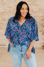 Load image into Gallery viewer, DEAR SCARLETT- Dreamer Peplum Top in Navy and Lavender Animal Print
