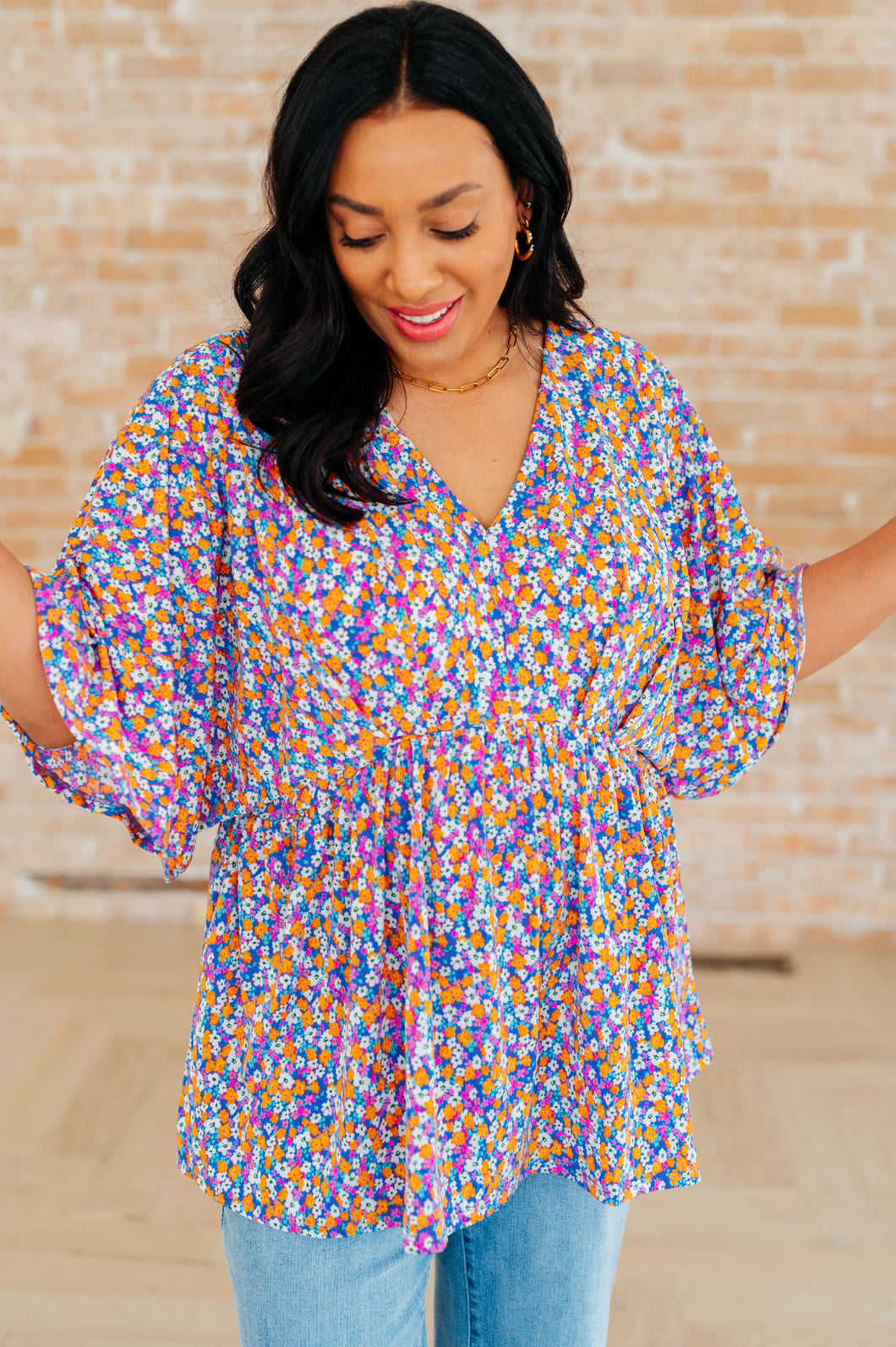 DEAR SCARLETT- Dreamer Peplum Top in Purple Retro Ditsy Floral