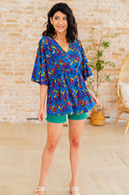 Load image into Gallery viewer, DEAR SCARLETT- Dreamer Peplum Top in Royal and Red Abstract
