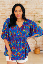 Load image into Gallery viewer, DEAR SCARLETT- Dreamer Peplum Top in Royal and Red Abstract
