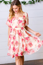 Load image into Gallery viewer, Peach Floral Chiffon Puff Sleeve Dress
