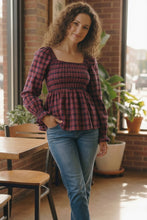 Load image into Gallery viewer, Sweetheart Smocked Cranberry Plaid Top

