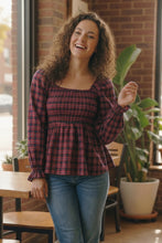Load image into Gallery viewer, Sweetheart Smocked Cranberry Plaid Top
