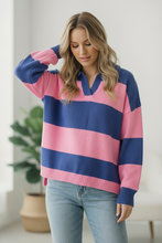 Load image into Gallery viewer, I'll Be On The Sidelines Blue and Pink Sweater
