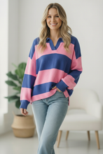 Load image into Gallery viewer, I'll Be On The Sidelines Blue and Pink Sweater

