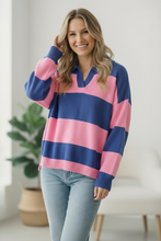 Load image into Gallery viewer, I'll Be On The Sidelines Blue and Pink Sweater
