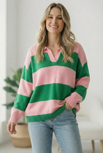 Load image into Gallery viewer, I'll Be On The Sidelines Green and Pink Sweater
