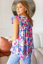 Load image into Gallery viewer, Sky Blue Floral Yoke Flutter Sleeve Keyhole Back Top
