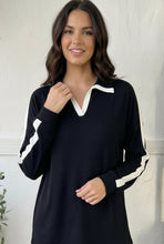 Load image into Gallery viewer, Varsity Vibes Notched Collar Black Top
