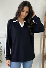 Load image into Gallery viewer, Varsity Vibes Notched Collar Black Top
