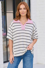Load image into Gallery viewer, Stripe It Up Polo Tee in Ivory and Pink

