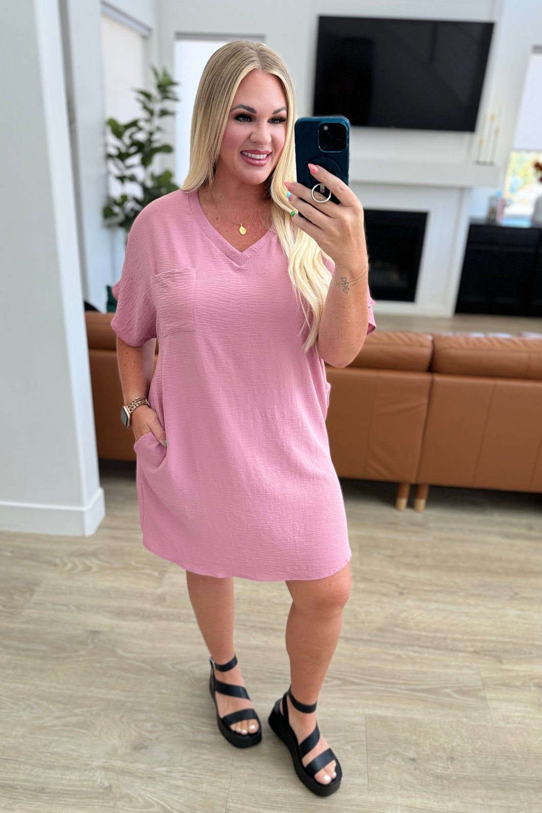 Go-Go Girl V-Neck T-Shirt Dress in Light Rose- ZENANA