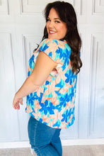 Load image into Gallery viewer, Tropical Breeze Turquoise Floral Banded V Neck Flutter Sleeve Top
