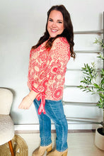 Load image into Gallery viewer, Be Bold Red &amp; Coral Floral Long Sleeve Bow Tie Contrast Binding Top
