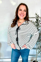 Load image into Gallery viewer, Embrace Joy Black &amp; White Collared Stripe Ribbon Bow Tie Top
