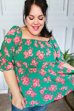 Load image into Gallery viewer, Sumptuous In Smocked Green &amp; Coral Flower Print Babydoll Top
