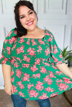 Load image into Gallery viewer, Sumptuous In Smocked Green &amp; Coral Flower Print Babydoll Top
