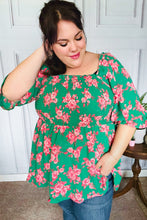 Load image into Gallery viewer, Sumptuous In Smocked Green &amp; Coral Flower Print Babydoll Top
