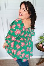Load image into Gallery viewer, Sumptuous In Smocked Green &amp; Coral Flower Print Babydoll Top
