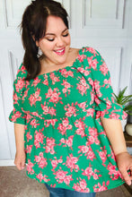 Load image into Gallery viewer, Sumptuous In Smocked Green &amp; Coral Flower Print Babydoll Top
