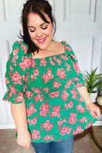 Load image into Gallery viewer, Sumptuous In Smocked Green &amp; Coral Flower Print Babydoll Top
