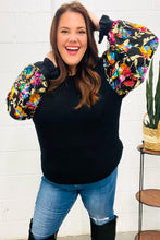 Load image into Gallery viewer, Diva Dreams Black Floral Sequin Mesh Sleeve Rib Knit Top
