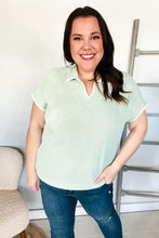 Load image into Gallery viewer, Weekend Ready Sage Collar Notch Neck Waffle Knit Top
