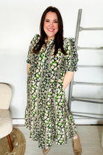 Load image into Gallery viewer, Hello Beautiful Black &amp; Green Ruffled Notch Neck Babydoll Smocked Midi Dress
