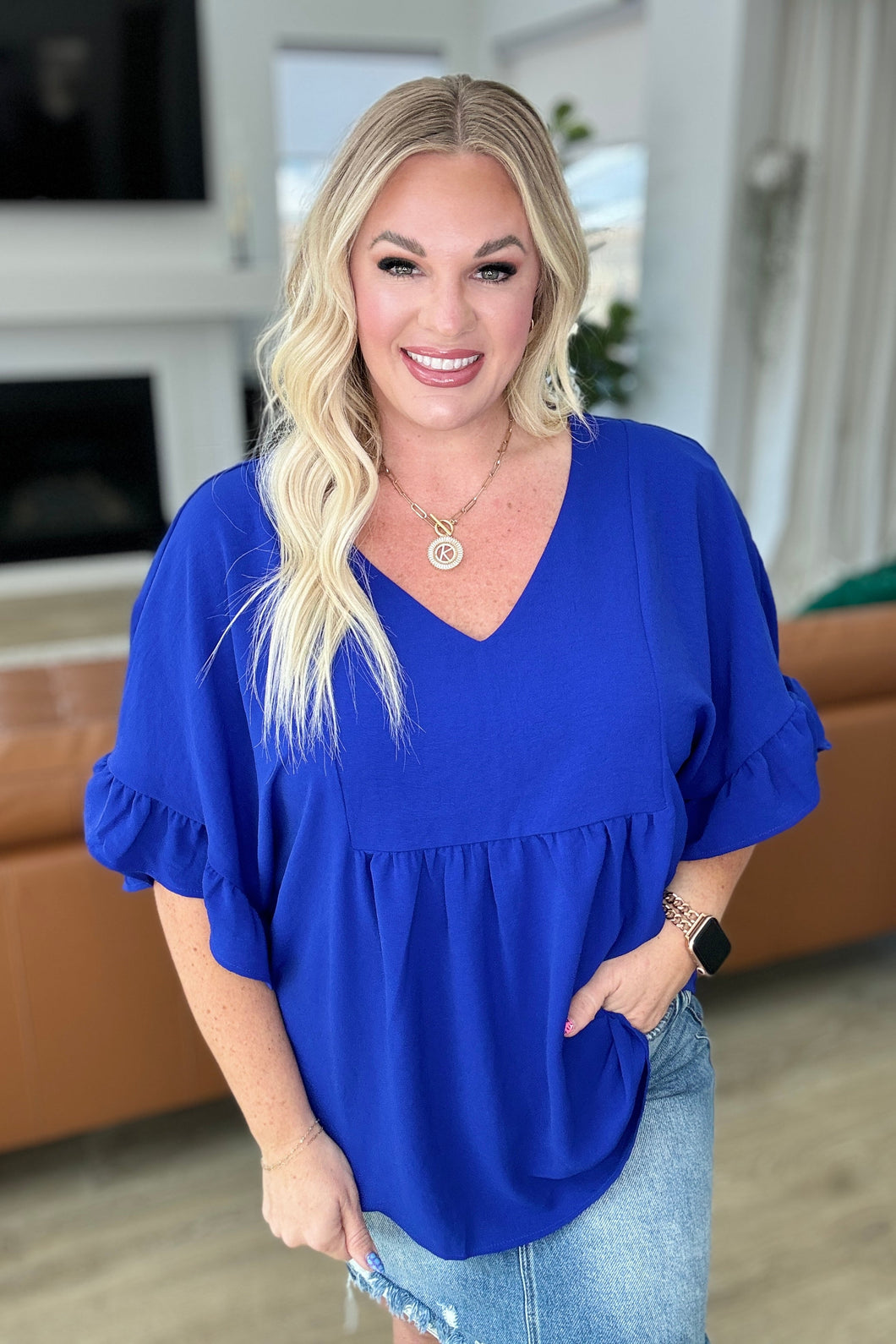 ANDREE BY UNIT- Airflow Peplum Ruffle Sleeve Top in Royal Blue