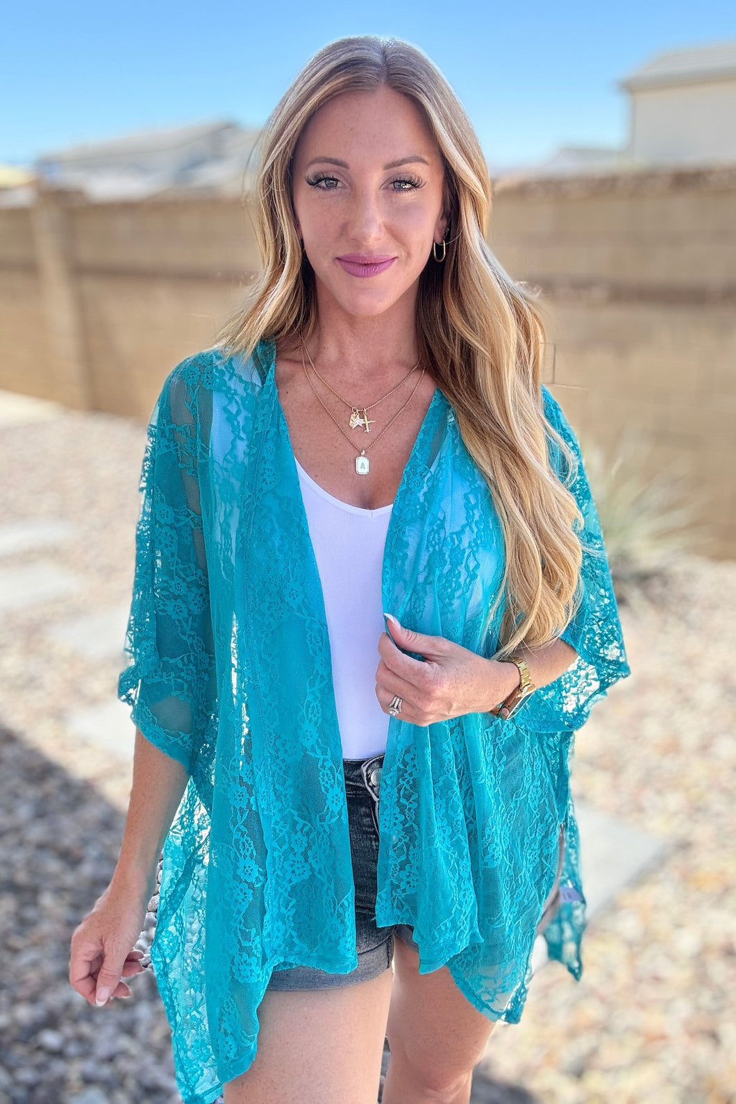 ANDREE'- Good Days Ahead Lace Kimono In Teal